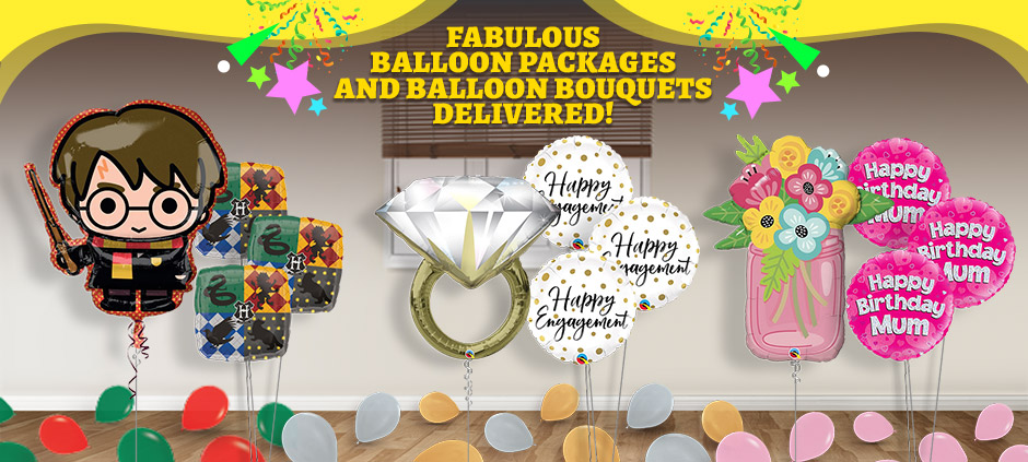 A range of party balloons including Harry Potter balloons, Engagement balloons and Mum’s Birthday balloons